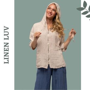 Linen Luv Zipper Front Hooded Jacket Front Pockets Natural Unlined